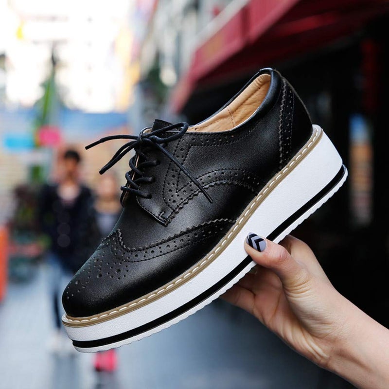DADAWEN Women's Platform Lace-Up Wingtips Square Toe Oxfords Shoe Black Leather US Size 6/Asia Size 36/23cm - Image 2